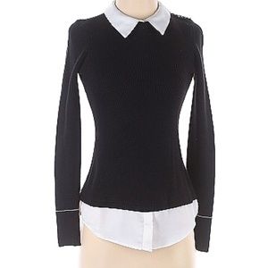White House Black Market XS black sweater white contrast collar stretchy